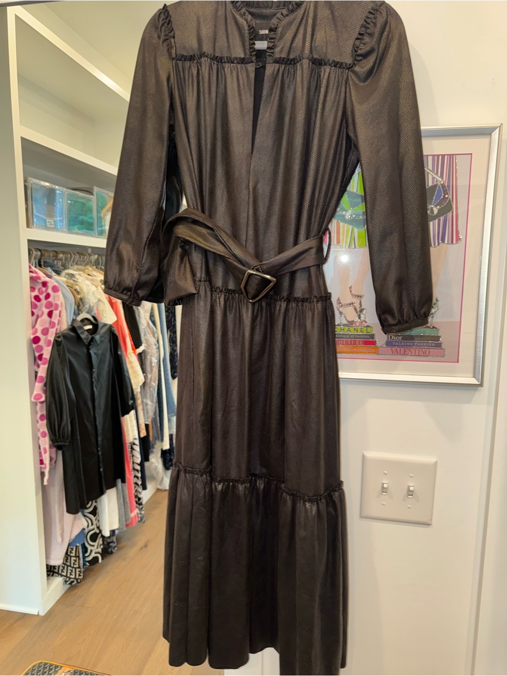 Sabina Musayev Black faux leather Long Sleeve Tiered Midi Dress with Belt
